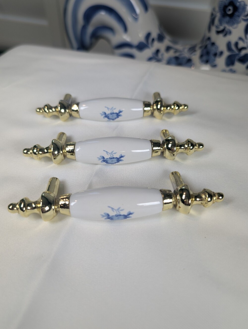 Blue Floral Porcelain and Gold Cabinet Pulls - Set of 3 Screws Included